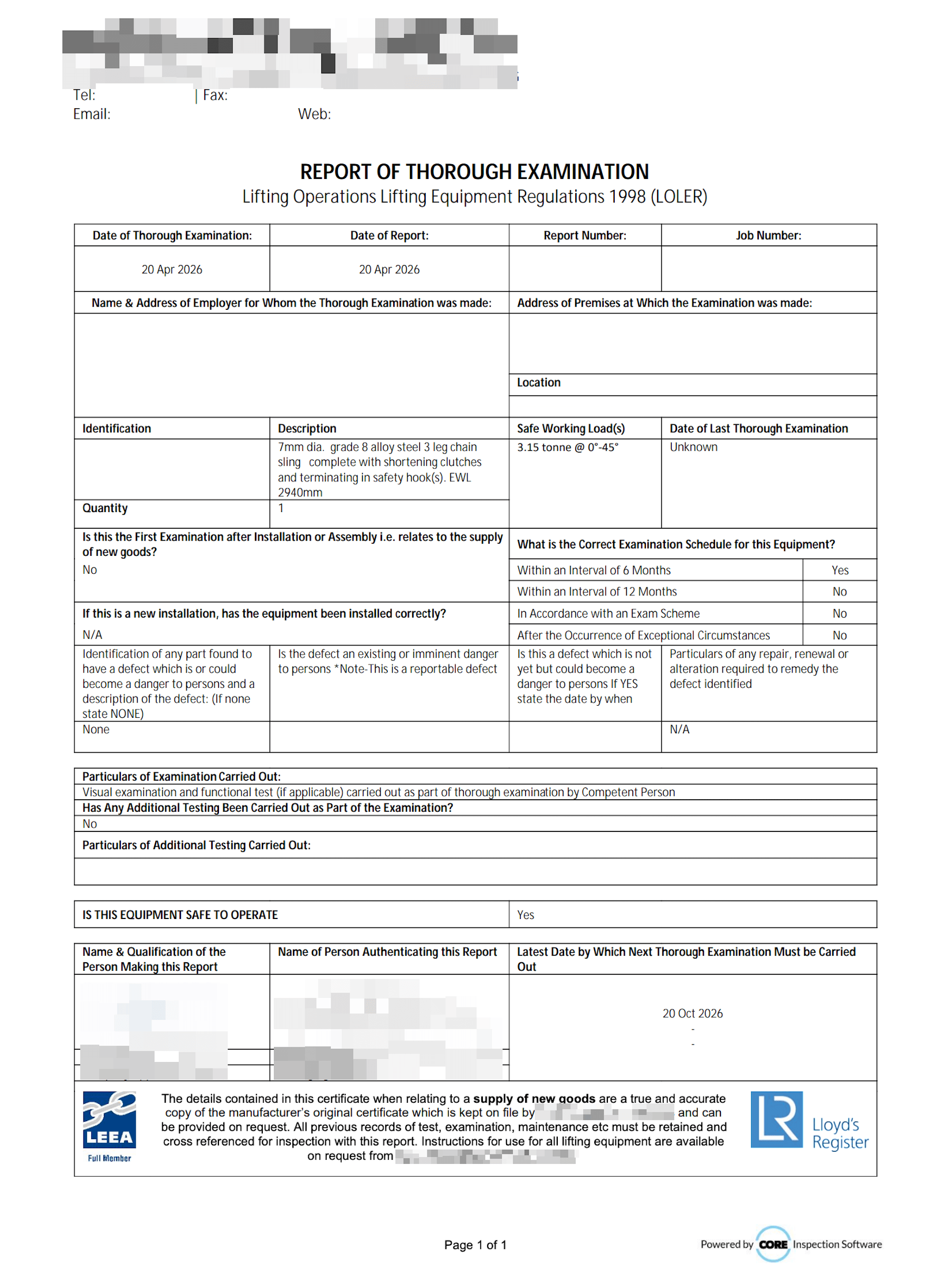 Sample LOLER Report of Thorough Examination — branded certificate with equipment details, signatures, and defect record