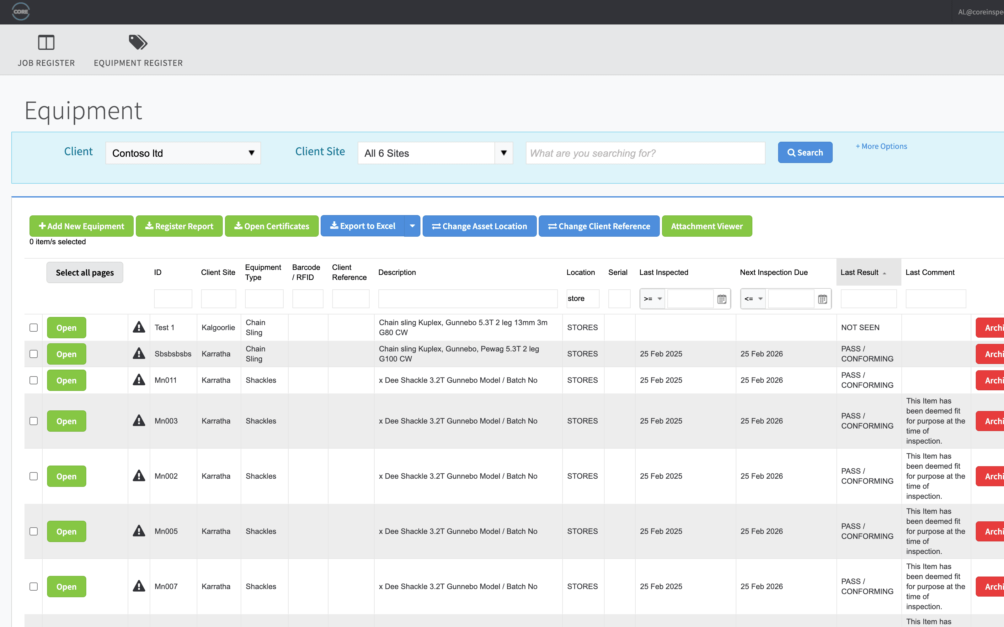 Client portal showing the customer's equipment list, recent certificates, and download buttons