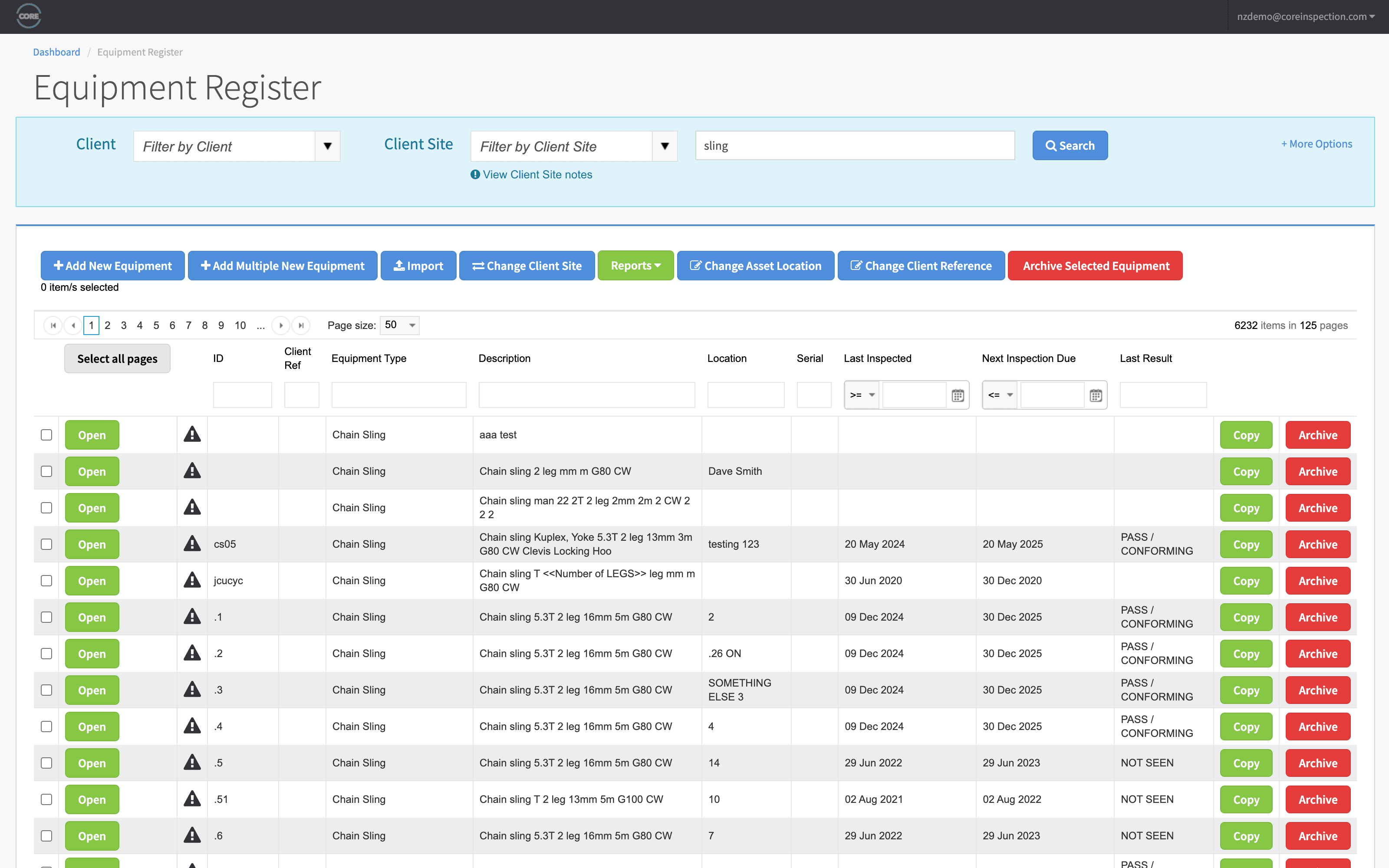 Core Inspection equipment register dashboard