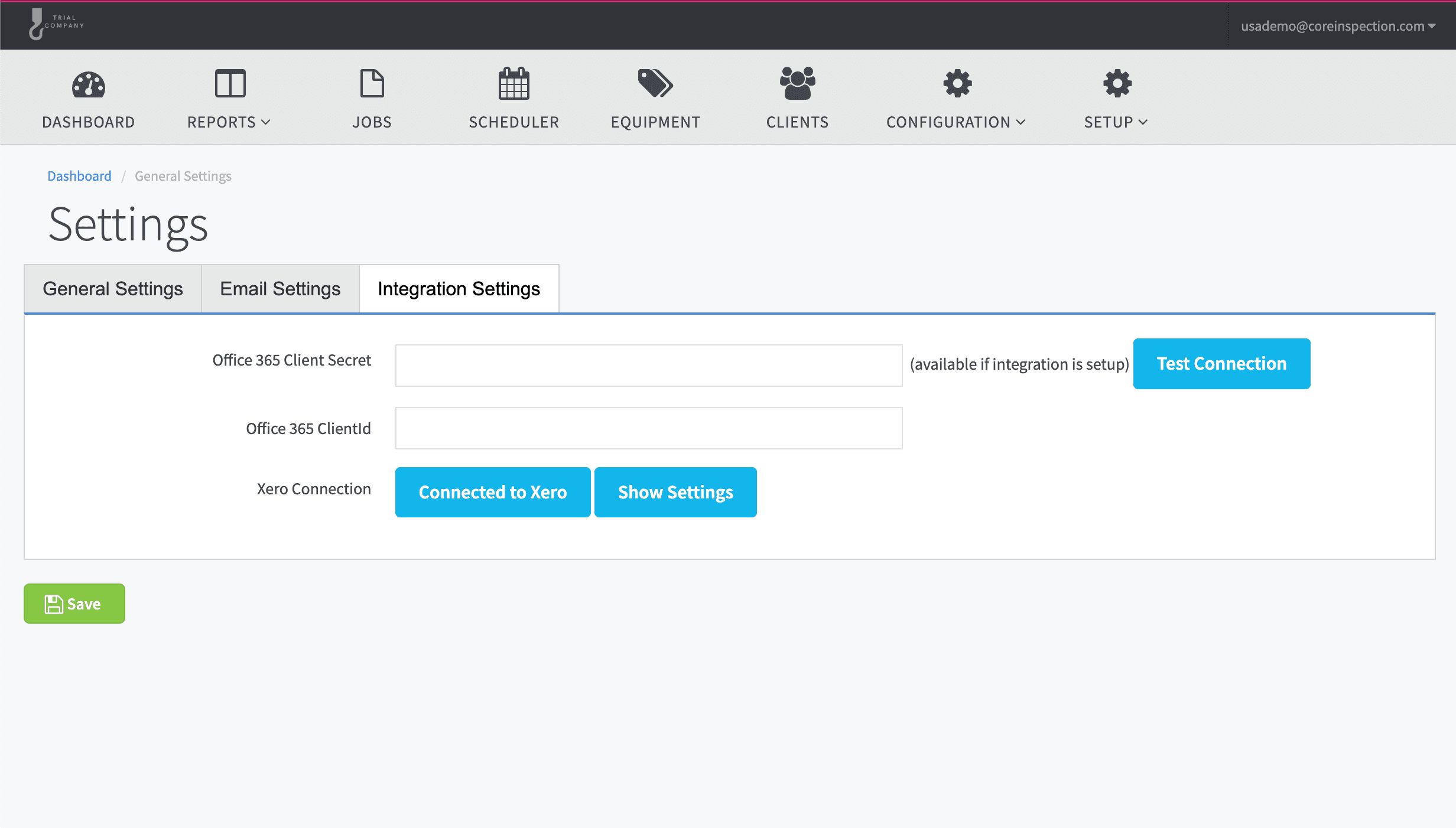 Integrations settings page showing Xero connection and data API tokens