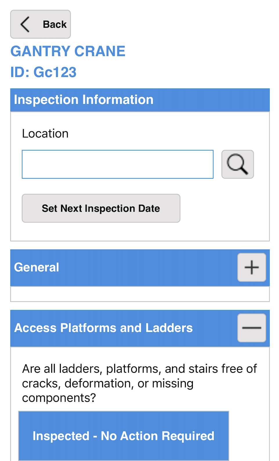 Mobile inspection screen mid-inspection: serial number, pass/fail toggles, photo and comment fields