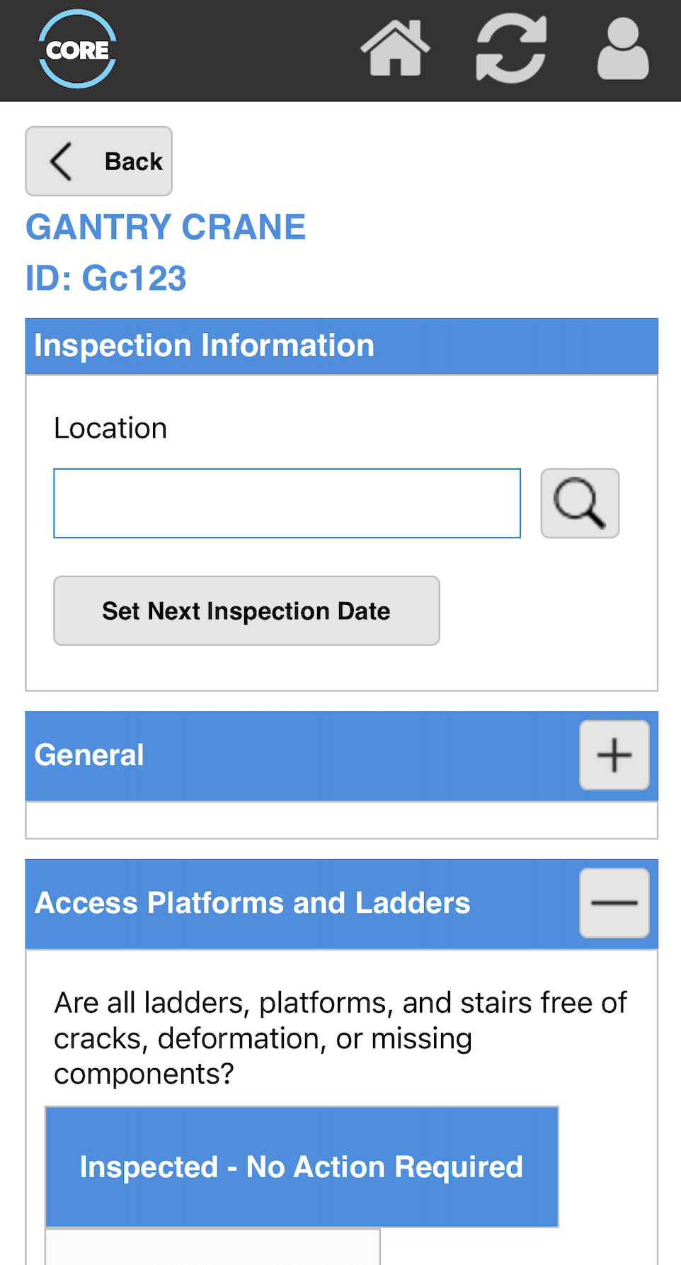 Core mobile app showing an inspection checklist in progress