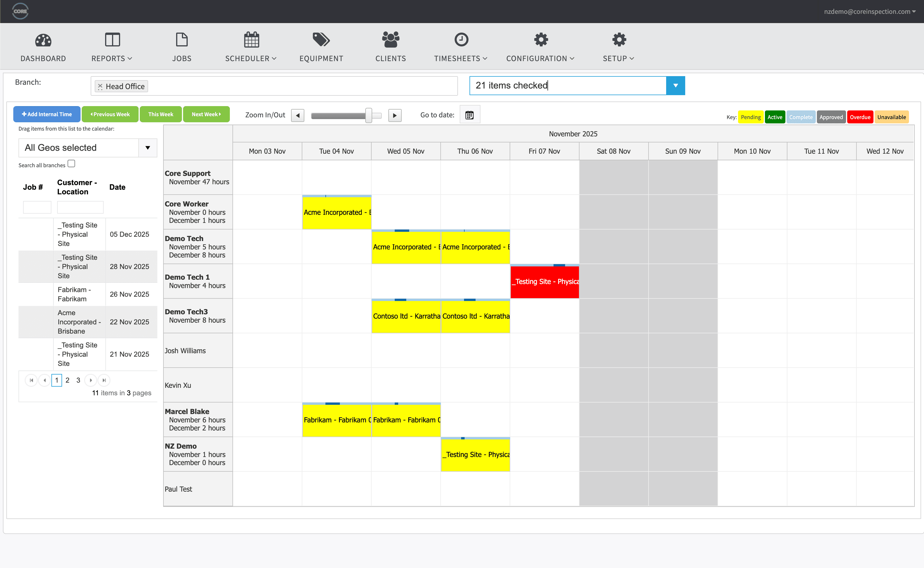 Weekly schedule view with technicians as rows and jobs as colour-coded blocks