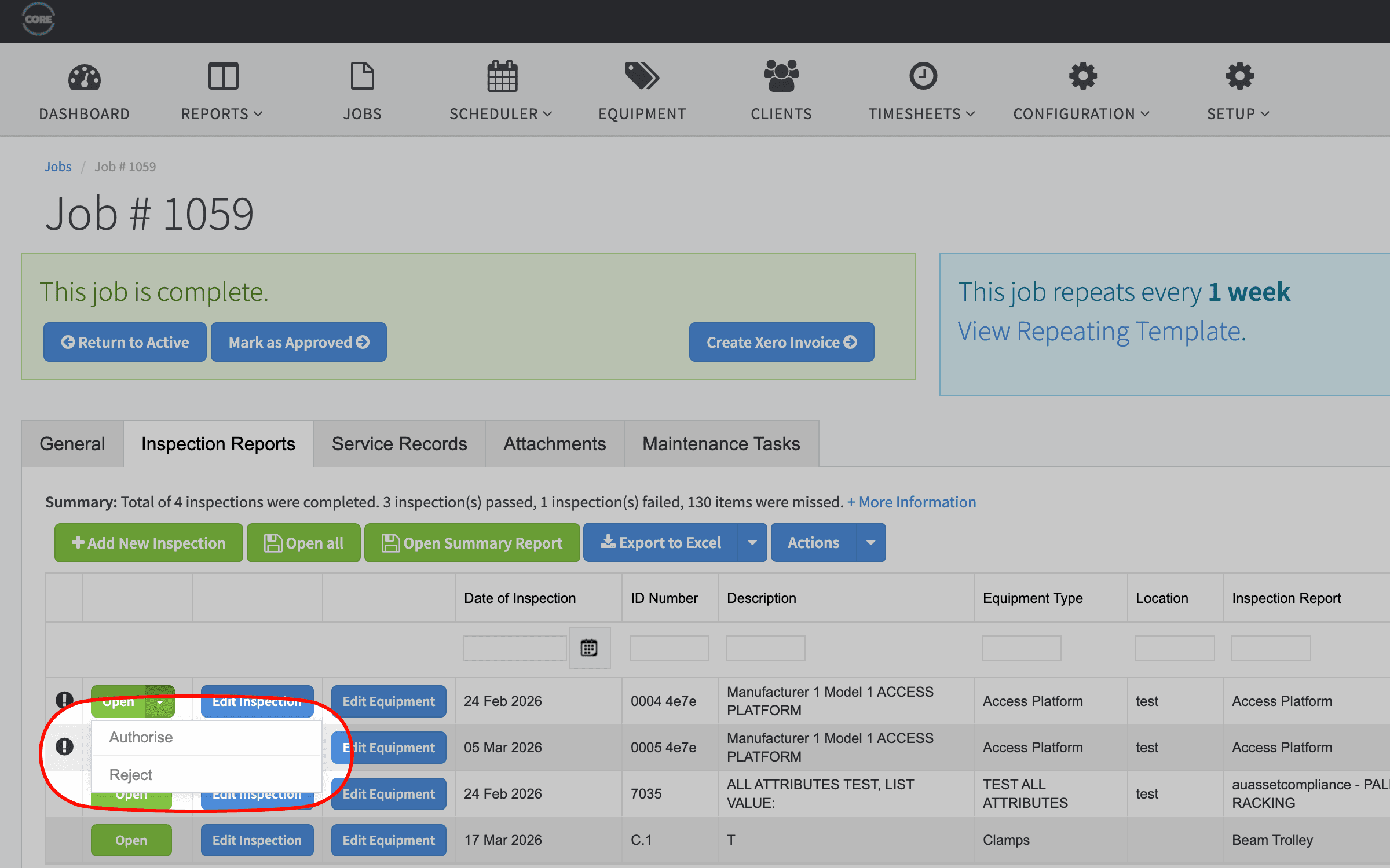 Approval workflow view showing inspection ready for review with reviewer, due date, and escalation status