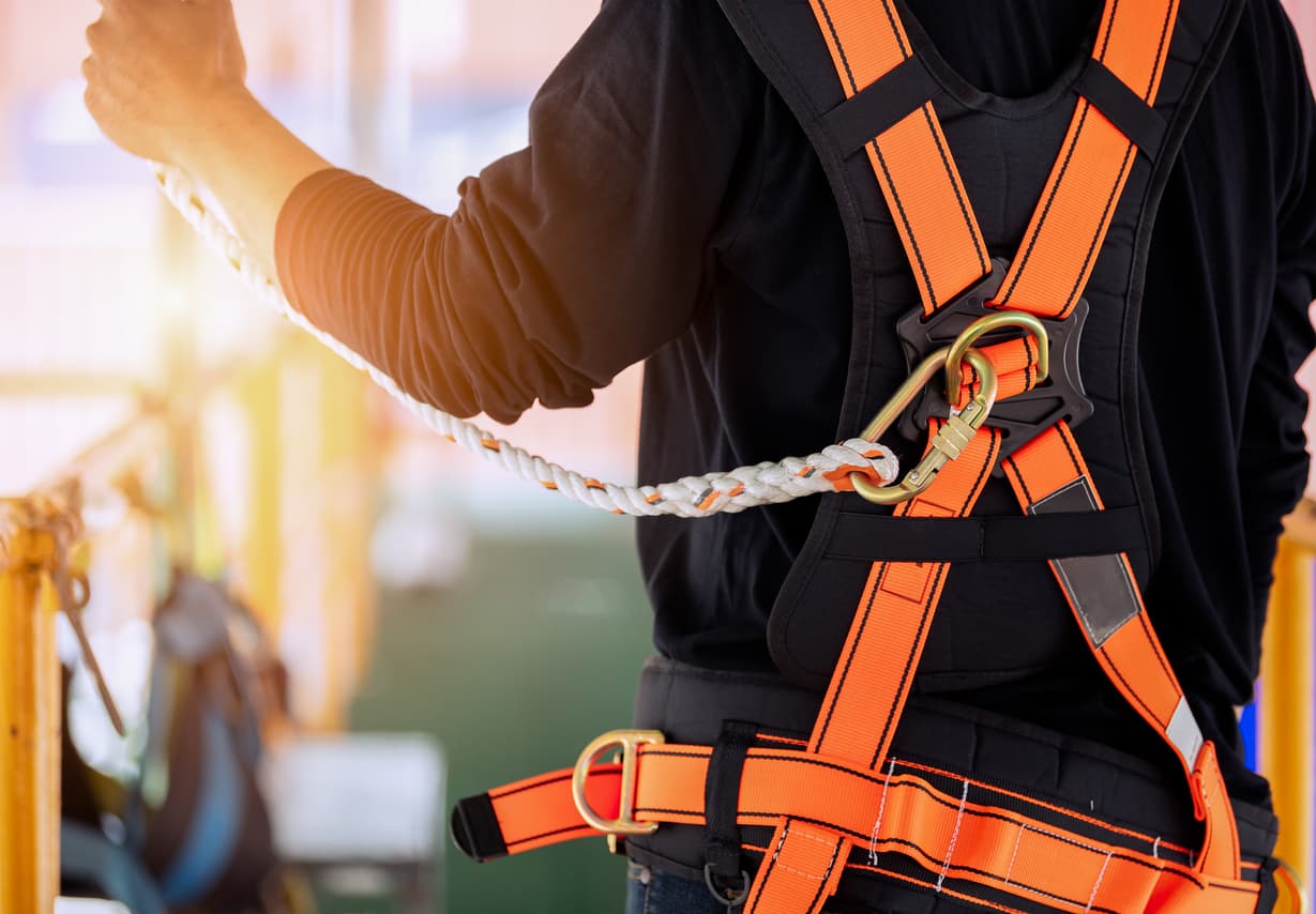 Inspector checking a fall-arrest harness — webbing, buckles, D-ring