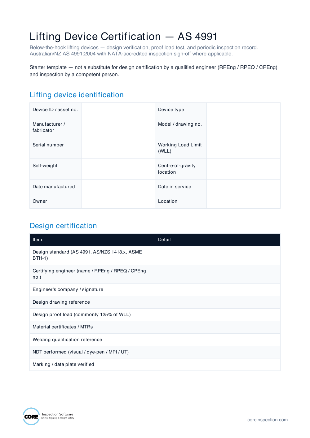 Preview of Lifting Device Certification (AS 4991) document