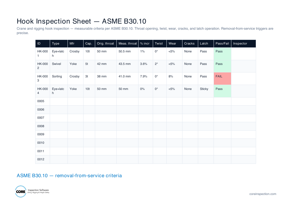 Preview of Hook Inspection Sheet (ASME B30.10) document