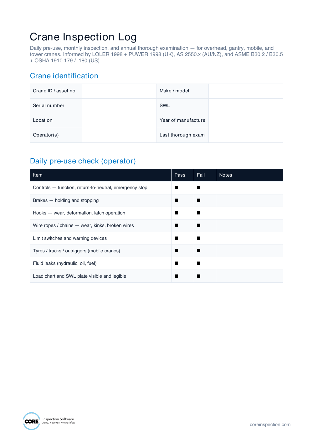 Preview of Crane Inspection Log document