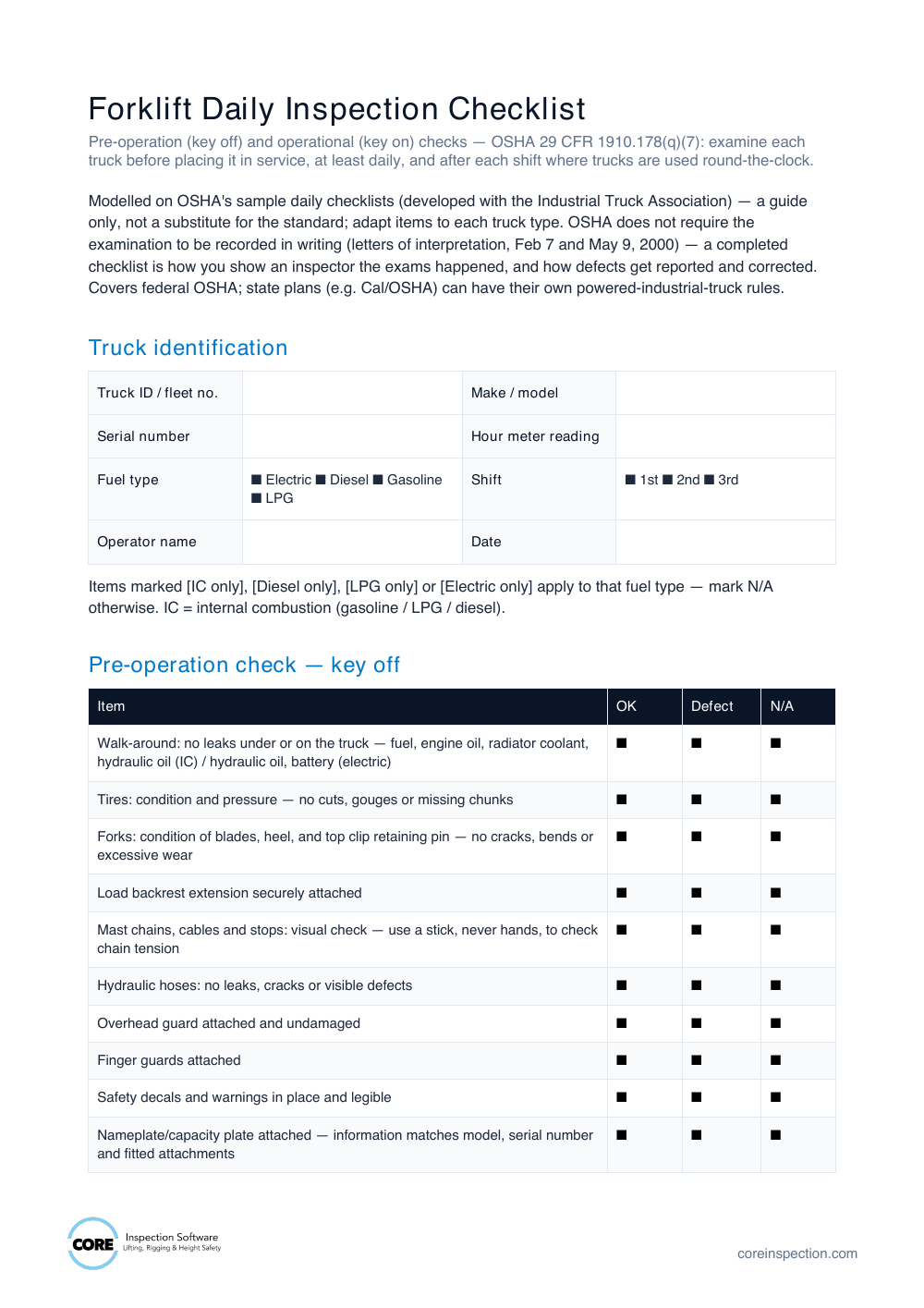 Preview of Forklift Daily Inspection Checklist document