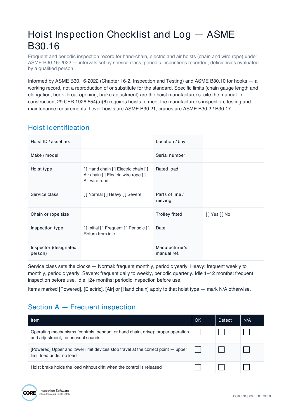 Preview of Hoist Inspection Checklist & Log document
