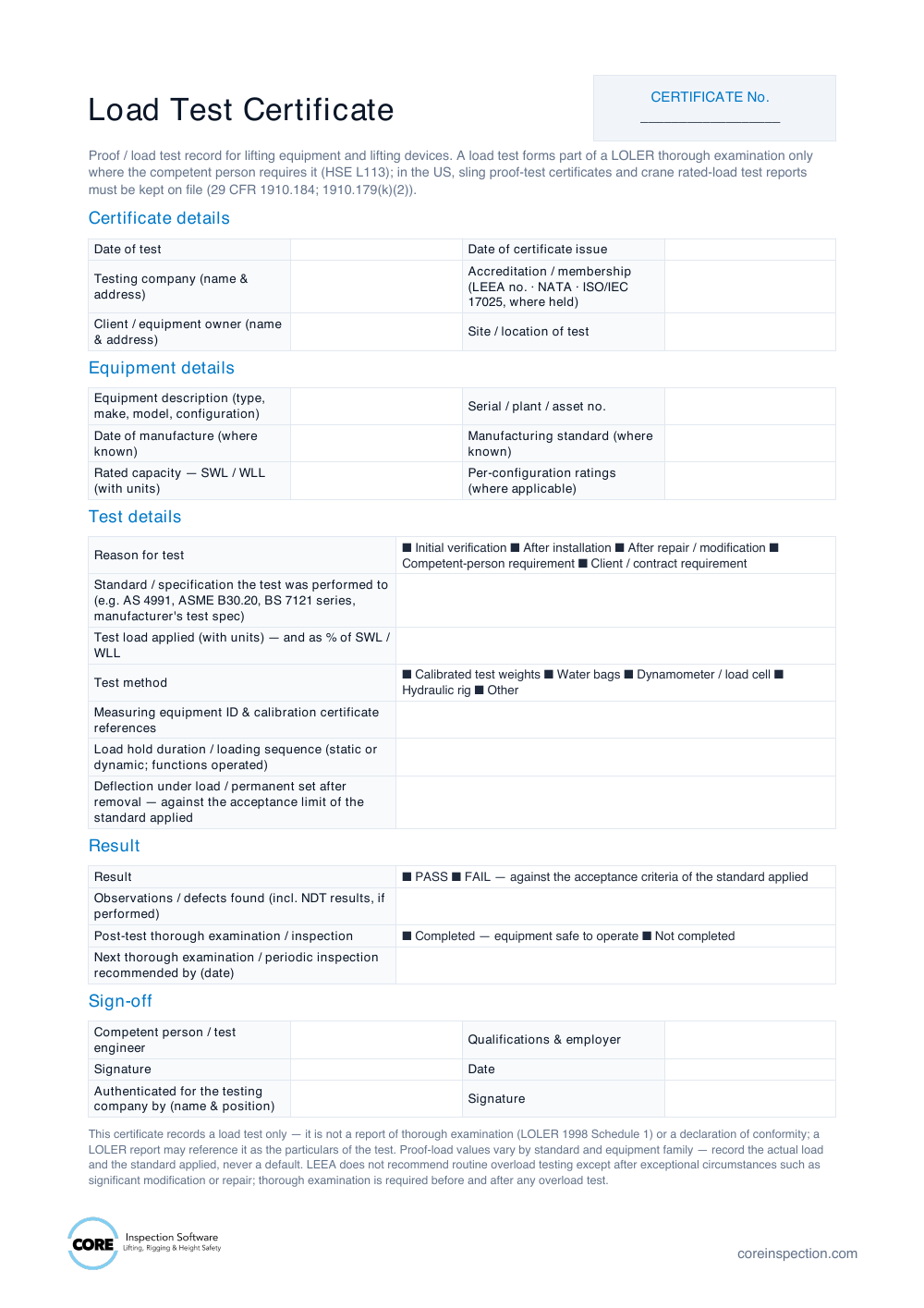 Preview of Load Test Certificate document