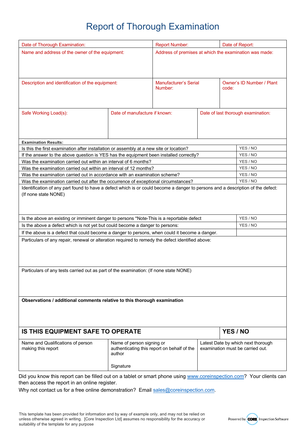 Preview of the LOLER Report of Thorough Examination template — Schedule 1 fields ready for your branding