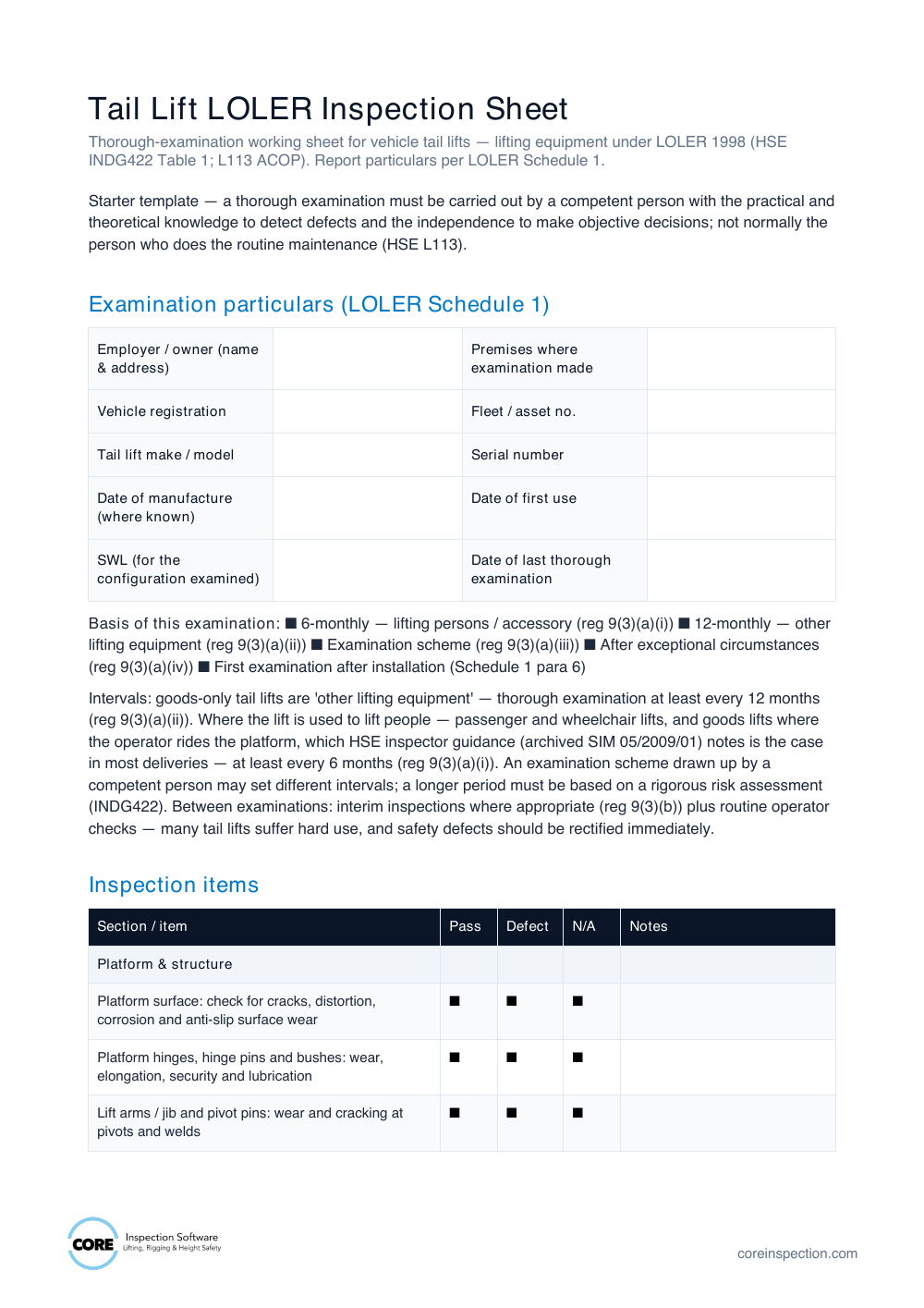 Preview of Tail Lift LOLER Inspection Sheet document
