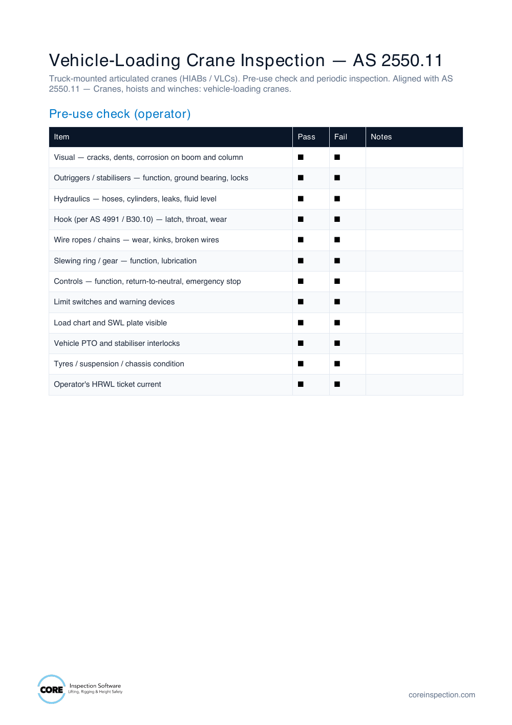Preview of Vehicle-Loading Crane Inspection (AS 2550.11) document